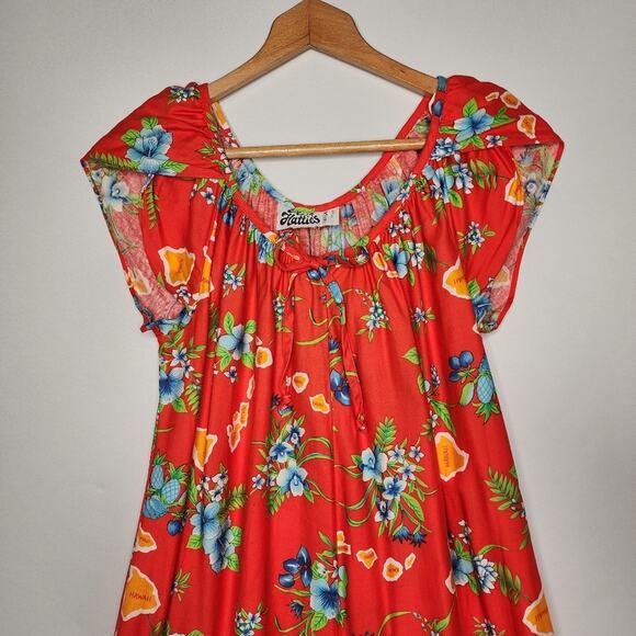 Vintage Hilo Hatties Red Hawaiian Floral Map Maxi Dress Small - Picture 2 of 7